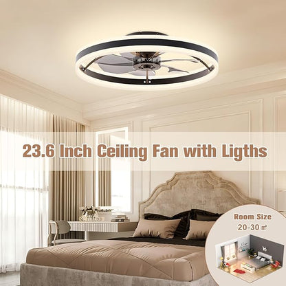 VOLISUN Low Profile Ceiling Fans with Lights and Remote, 23.6in Flush Mount Ceiling Fans with Light, 3000K-6500K Dimmable Fandelier LED Fan Light, Black Bladeless Ceiling Fans with Lights for Bedroom