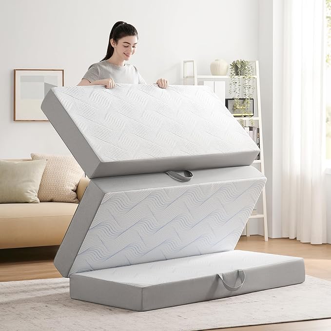 Foldable Mattress Full 4 inch -Portable White Memory Foam Folding Matress with Washable Cover for Camping Travel Guest Room Home Use-Non-Slip&Easy Storage