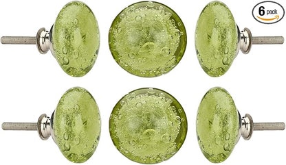 Perilla Home Set of 6 Crystal Bubble Knobs for Cabinet & Drawers Decorative Glass Knobs for Home Kitchen Cabinet Hardware Cupboard Glass Door Dresser Wardrobe and Drawer Pulls (Olive Green)