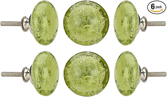 Perilla Home Set of 6 Crystal Bubble Knobs for Cabinet & Drawers Decorative Glass Knobs for Home Kitchen Cabinet Hardware Cupboard Glass Door Dresser Wardrobe and Drawer Pulls (Olive Green)