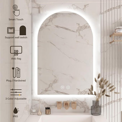 Niccy Arched LED Bathroom Mirror, 48x24 Inch Arch Frameless Backlit Mirrors for Wall Arched Lighted Vanity Mirrors Defogger and 3 Color, Explosion-Proof, HD Glass and IP65 Waterproof