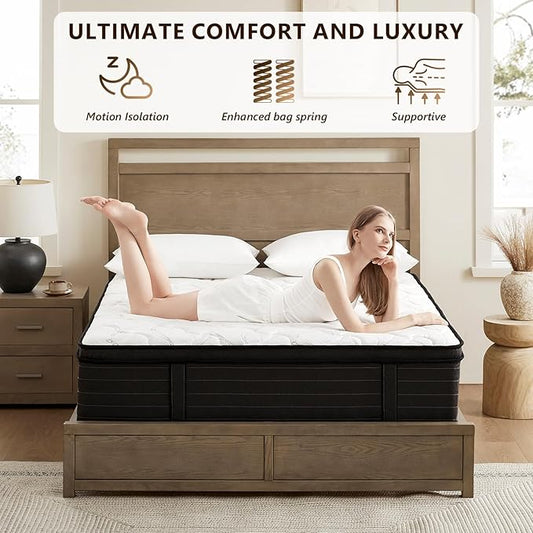 Full Size Mattress 12 Inch Hybrid Mattress in a Box with Bamboo Cover - Memory Foam Mattress with Memory Foam and Pocket Springs - Medium Firm Mattress with Pressure Relief