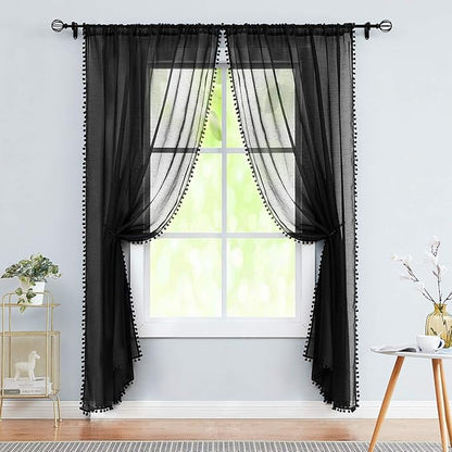 Treatmentex Modern Black Sheer Curtains for Studio 72 inches Long Bedroom Curtain Panels Living Room Bedroom Pom Pom Window Drapes 2-Pack