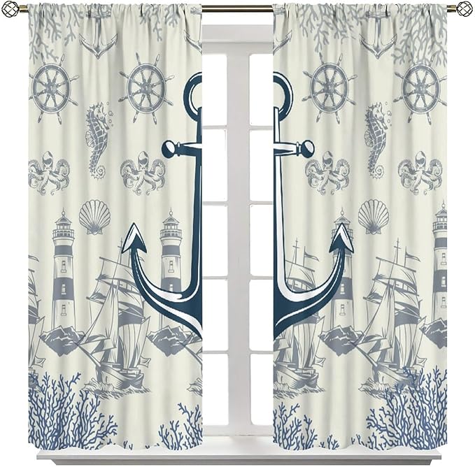 Nautical Anchor Curtains, Vintage Sailboat Ocean Coastal Lighthouse Window Drapes, Navy Blue Coral Shell Seahorse Beach Print Blackout Window Treatments for Living Room Bedroom 55x63in