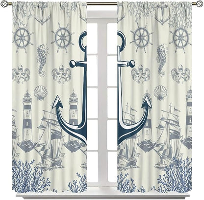 Nautical Anchor Curtains, Vintage Sailboat Ocean Coastal Lighthouse Window Drapes, Navy Blue Coral Shell Seahorse Beach Print Blackout Window Treatments for Living Room Bedroom 55x63in