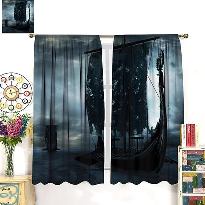 Viking Ship Curtains, Night Scene with Black Vikings Dragon Ship Sailing, Vintage Ancient Scandinavian Nautical Print Blackout Window Drapes for Boys Bedroom Living Room 55x63in