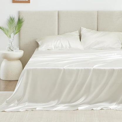 Love's cabin Satin King Sheet Sets - 4 Piece Ivory Silky Sheets King Size Bed Set with Deep Pocket, Luxury Silk Feel King Size Satin Sheet Set (1 Flat Sheet,1 Fitted Sheet,2 Pillow Cases)