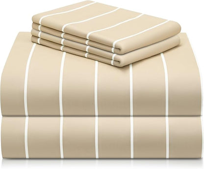 LuxClub 4 PC King Size Sheet Set Bed Sheets, Breathable Luxury Deep Pockets Wrinkle Free Cooling Sheets Machine Washable Hotel Bedding (King, Striped Cream)
