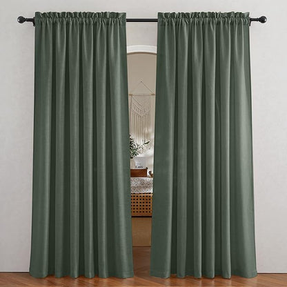 RYB HOME Green Linen Curtains 84 inches Long for Living Room Kids Room, Light Filtering Privacy Protection Home Decor 2 Panels Set for Sliding Glass Door, W 52 x L 84 inches, Hunter Green