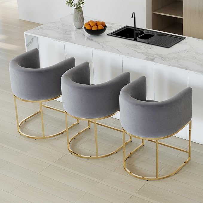 Modern Counter Height Velvet Upholstered Bar Stools Set of 3, 24" Kitchen Counter Island Stools Bar Chairs with Gold Metal Frame for Kitchen Island, Gray