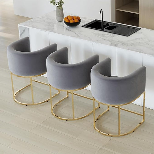 Modern Counter Height Velvet Upholstered Bar Stools Set of 3, 24" Kitchen Counter Island Stools Bar Chairs with Gold Metal Frame for Kitchen Island, Gray
