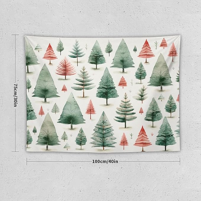 Vintage Christmas Tree Watercolor Tapestries Winter Christmas Wall Hanging Wall Tapestry Aesthetic Landscape Tapestry Wall Decor for Bedroom Living Room Dorm 30"x40" Christmas Family Party