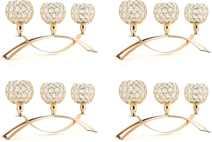 VINCIGANT 4Pcs Christmas Table Decoration Gold Bulk Decorative Tealight Candle Holder for Wedding,3-Candle Candelabras for Christmas Party Dinning Room Table Centerpiece,Gift Boxed for Thanksgiving