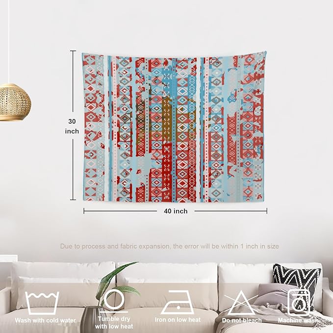 Batmerry Boho Tribal Tapestry, Aztec Ethnic Tribal Colorful Boho Abstract Distress Watercolor Wall Art Hanging Polyester Fiber White Ruffled Around For Dorm Room Bedroom Living Room, 30 X 40 Inches