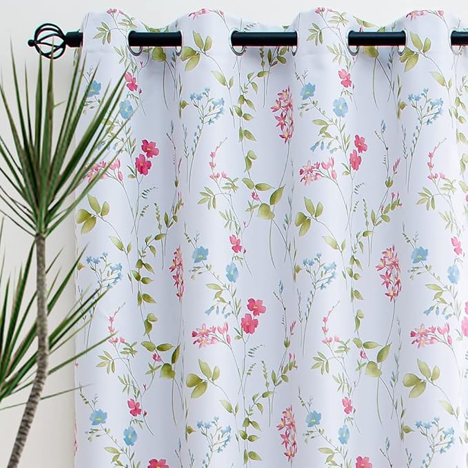 Linentalks Floral Bedroom Curtains, Farmhouse Thermal Insulated Blackout Curtains, 63 Inches Long, 2 Panels Set, Green Red Multi