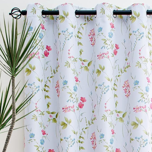 Linentalks Floral Bedroom Curtains, Farmhouse Thermal Insulated Blackout Curtains, 63 Inches Long, 2 Panels Set, Green Red Multi