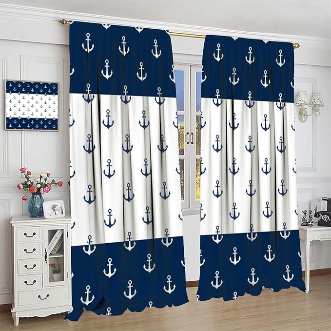 Anchor Pattern Curtains, Nautical Theme Navy Blue White Anchor Sea Life Adventure Print Blackout Window Treatments for Living Room Boys Men's Bedroom 55x63in