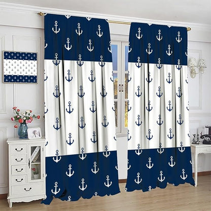 Anchor Pattern Curtains, Nautical Theme Navy Blue White Anchor Sea Life Adventure Print Blackout Window Treatments for Living Room Boys Men's Bedroom 55x63in