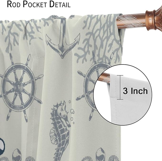 Nautical Anchor Curtains, Vintage Sailboat Ocean Coastal Lighthouse Window Drapes, Navy Blue Coral Shell Seahorse Beach Print Blackout Window Treatments for Living Room Bedroom 42x54 Inch