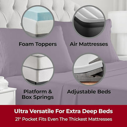 Mellanni Extra Deep California King Sheets - 4 PC Iconic Collection Bedding - Hotel Luxury, Ultra Soft, Cooling Bed Sheets - Wrinkle, Fade, Stain Resistant (Cal King, Purple)