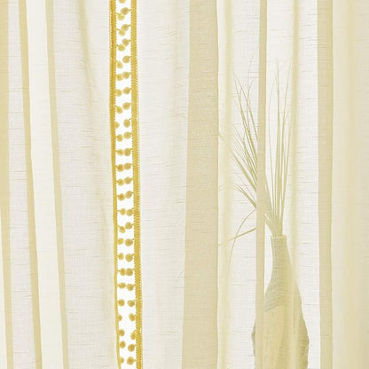 Treatmentex Pom-pom Sheer Curtains for Living Room, 84 inch Long Yellow Curtain Drapes for Kids Room 2 Panels Rod Pocket