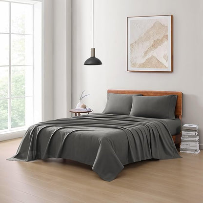 LANE LINEN 100% Organic Cotton Full Size Sheets, Hotel Like Crisp Percale Low Pill Fade Resistant Reinforsed Seam Cotton Sheets, Naturally Cooling 15" Deep Pocket Full Bedding Set- Charcoal