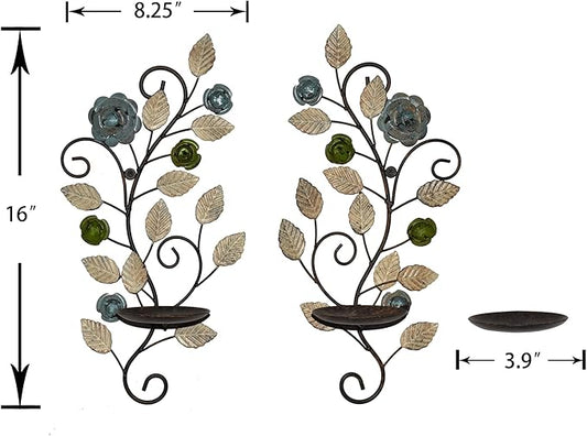 Wall Sconces Candle Holder Set of 2, Antique Multi-Color Leaf Branch Wall Mount Hanging Metal Wall Candle Holder Candle Sconce for Living Room Dining Room