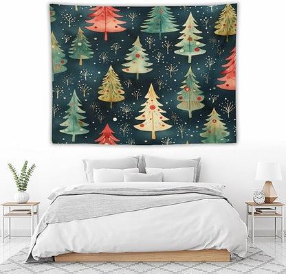 MaSiledy Vintage Christmas Tree Watercolor Tapestry As Wall Art Xmas Rustic Winter Holiday Vintage Aesthetic Tapestry Wall Hanging Landscape Tapestry Home Decoration for Living Room Bedroom 60"x80"