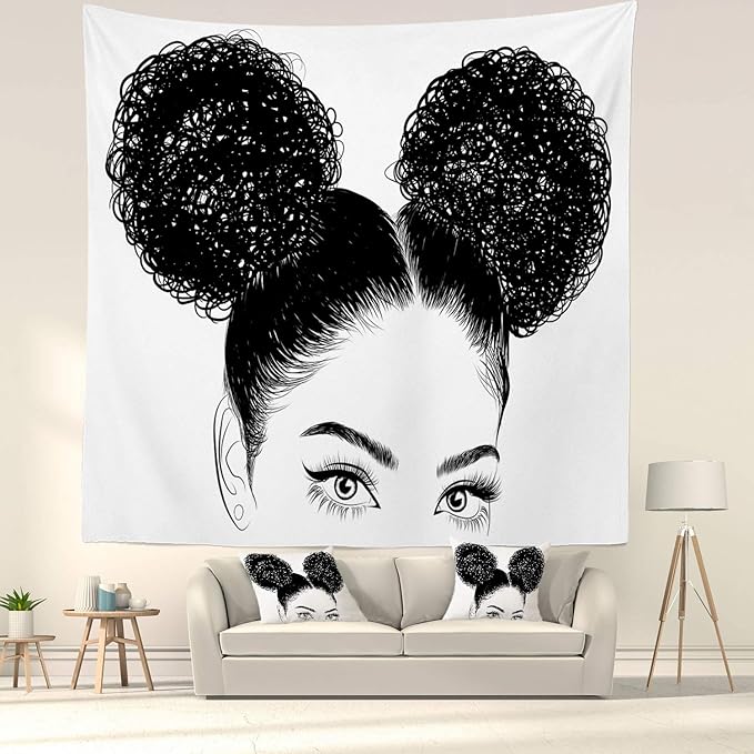 Batmerry Black Woman Afro American Tapestry, Black Woman with Shirt Graphic Tee Visit Hair Afro Girl Picnic Mat Hippie Trippy Tapestry Wall Art Decor for Bedroom Living Room, 59.1 x 59.1 Inches, Black