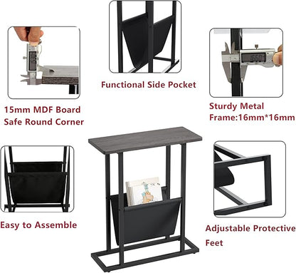 Yusong Small Narrow Side Table for Small Spaces, 17.7" W Slim End Table Magazine Table Nightstand with Storage Holder, Accent Skinny Snack Couch Bedside Table, Grey, Complete Iron Pipes
