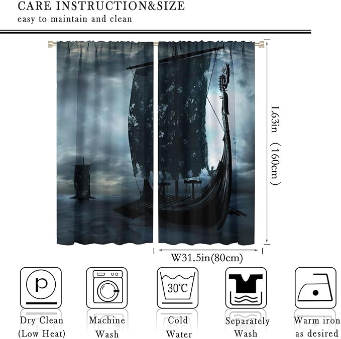 Viking Ship Curtains, Night Scene with Black Vikings Dragon Ship Sailing, Vintage Ancient Scandinavian Nautical Print Blackout Window Drapes for Boys Bedroom Living Room 63x63in