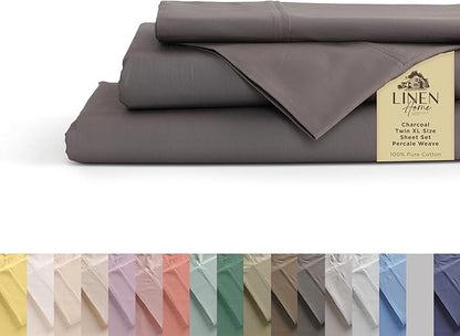 Linen Home 100% Cotton Percale Sheets California King Size, Charcoal, Deep Pocket, 4 Pieces Set - 1 Flat, 1 Deep Pocket Fitted Sheet and 2 Pillowcases, Crisp Cool and Strong Bed Linen