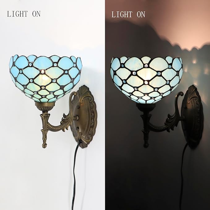 Small Tiffany Wall Sconce Lamp Stained Glass 8X10.5X11 Inch Plug in Sconce Bedside Light for Hallway Bedroom (Sea Blue Beads)