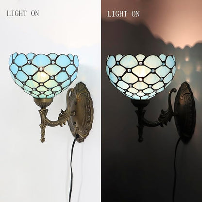 Small Tiffany Wall Sconce Lamp Stained Glass 8X10.5X11 Inch Plug in Sconce Bedside Light for Hallway Bedroom (Sea Blue Beads)