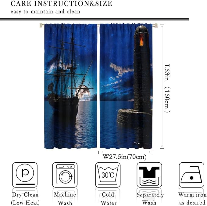Pirate Ship Curtains, Nautical Sailboat Sailing Ocean Adventure Full Moon Cloudy Night Sky Old Lighthouse Print Blackout Window Treatments for Bedroom Living Room 55x63in