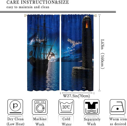 Pirate Ship Curtains, Nautical Sailboat Sailing Ocean Adventure Full Moon Cloudy Night Sky Old Lighthouse Print Blackout Window Treatments for Bedroom Living Room 55x63in