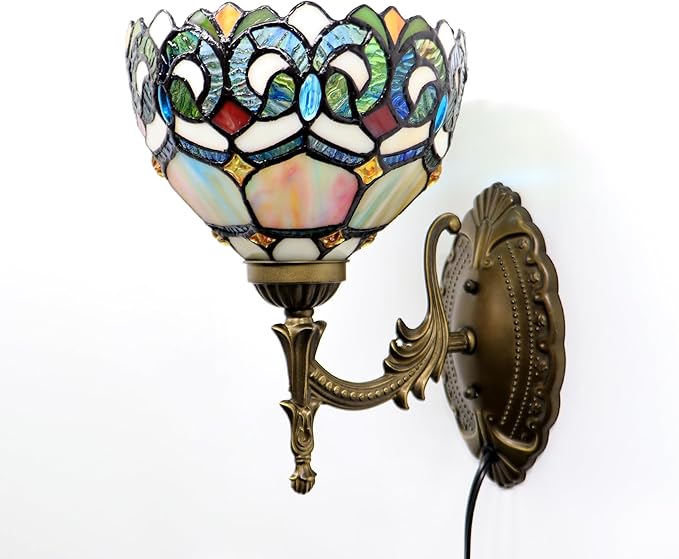 Tiffany Sconce Lamp Stained Glass Wall Lamp,8X10.5X11 Inch Plug in Wall Bedside Light for Hallway Bedroom (Seven Color Baroque)