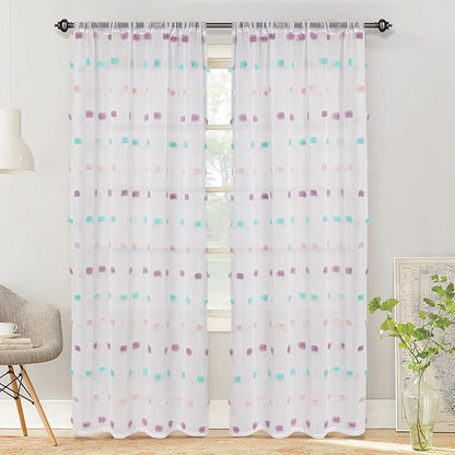 MYSKY HOME Pom Pom Sheer Curtains for Bedroom 72 Inch Length Long Rainbow Curtains for Dining Room Window Nursery Curtains Girls Kids Room 2 Pieces Rod Pocket Boho Farmhouse 52" x 72"