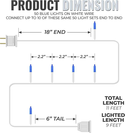 612 Vermont 50 Blue Christmas Lights on a White Wire String, UL Approved, Indoor and Outdoor Use, 9 Foot of Lighted Length, 11 Foot of Total Length