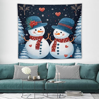 Tapestry Snowman Couple Wall Hanging Wall Tapestry Aesthetic Winter Snowflake Cute Cartoon Funny Snowman Wall Tapestries Wall Hanging Decor Tapestry for Bedroom Aesthetic Alt Room Landscape 50"x60"