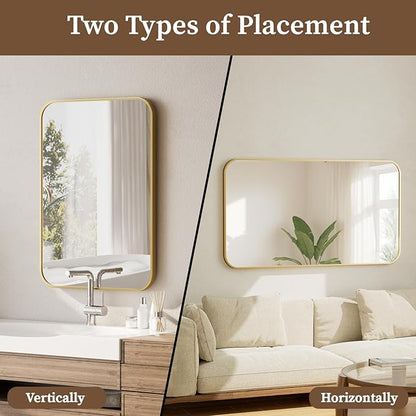 BEAUTYPEAK Gold Rectangular Bathroom Mirror - 30" x 48" Wall Mounted Aluminum Alloy Frame Mirror with Rounded Corners for Bedroom Living Room, Horizontal or Vertical