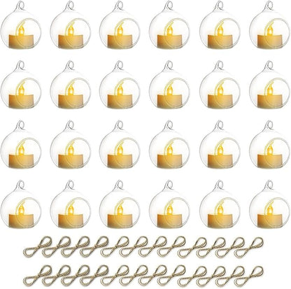 NUPTIO Hanging TeaLight Candle Holder: 24Pcs 2.36in Tree Tea Light Holders with LED Candles Small Glass Globes Ornament Clear Round Mini Terrarium Containers for Wedding Party Tree Decoration