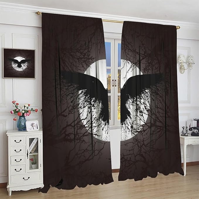 Cool Raven Print Curtains for Bedroom - Vintage Nordic Viking Theme Dead Tree Crow Full Moon Window Drapes,Energy Saving Thermal Insulated Rod Pocket Bedroom Blackout Curtains 2 Panels 63L x 27.5W