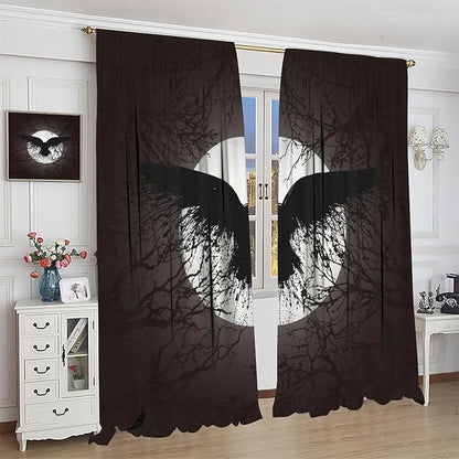 Cool Raven Print Curtains for Bedroom - Vintage Nordic Viking Theme Dead Tree Crow Full Moon Window Drapes,Energy Saving Thermal Insulated Rod Pocket Bedroom Blackout Curtains 2 Panels 63L x 27.5W