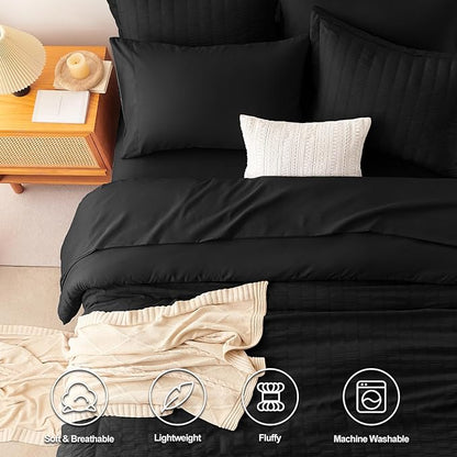 CozyLux Full Size Comforter Sets with Sheets Seersucker 7 Pieces Black Bed in a Bag Textured Luxury Soft Bedding Set with Down Alternative Comforter, Sheets, Pillowcases & Shams for All Seasons
