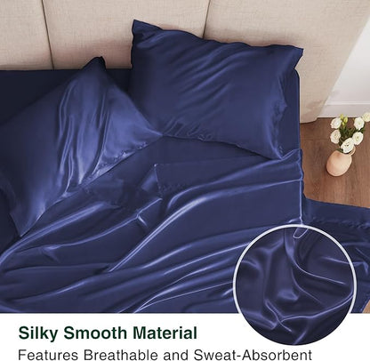 Love's cabin Full Size Satin Sheet Sets - 4 Piece Navy Blue Silky Sheet Set Full with Deep Pocket, Luxury Silk Feel Satin Bed Sheets Full Bedding Set (1 Flat Sheet,1 Fitted Sheet,2 Pillow Cases)