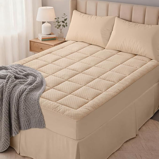 OLANLY Queen Quilted Fitted Mattress Pad – Soft Pillow Top Mattress Topper, Down Alternative Fill, Cooling Comfort Breathable Mattress Cover, Machine Washable Deep Pocket Mattress Protector, Beige