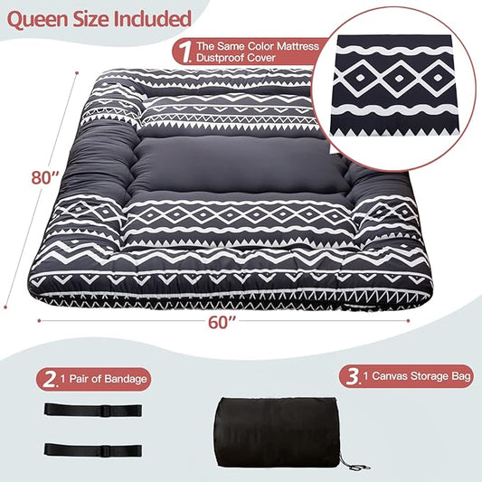 MAXYOYO Japanese Floor Futon Mattress - Thicken Sleeping Pad, Roll Up Floor Lounger Bed, Camping and Guest Room Pad, Thick Soft and Comfortable, Black Stripe, Queen Size