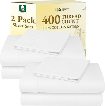 California Design Den 2-Pack Twin Size Bed Sheets Cotton - 400 Thread Count 100% Cotton Sateen - Soft, Breathable & Cooling Sheets, Wrinkle Resistant, 2 Sets of Deep Pocket Bed Sheets - Antique White