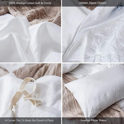 MooMee Bedding Duvet Cover Set 100% Washed Cotton Linen Like Textured Breathable Durable Soft Comfy (Solid Off White, Twin 68"x90")